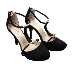 QUPID Black Faux Suede Heels 6.5 Ladies Pumps Strappy Gold Accents Dress Shoes